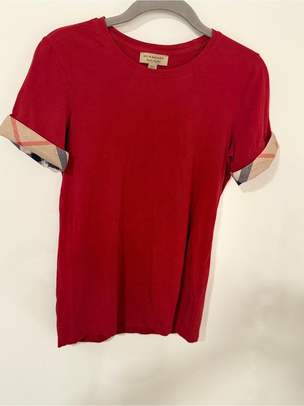 Burberry Kids Red Short Sleeve Tee with Signature Check Cuffs